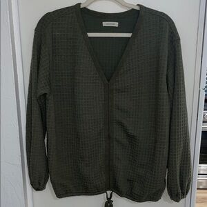 Max Studio V-Neck Long Sleeve Waffle Knit Top with Drawstring in Olive | XL